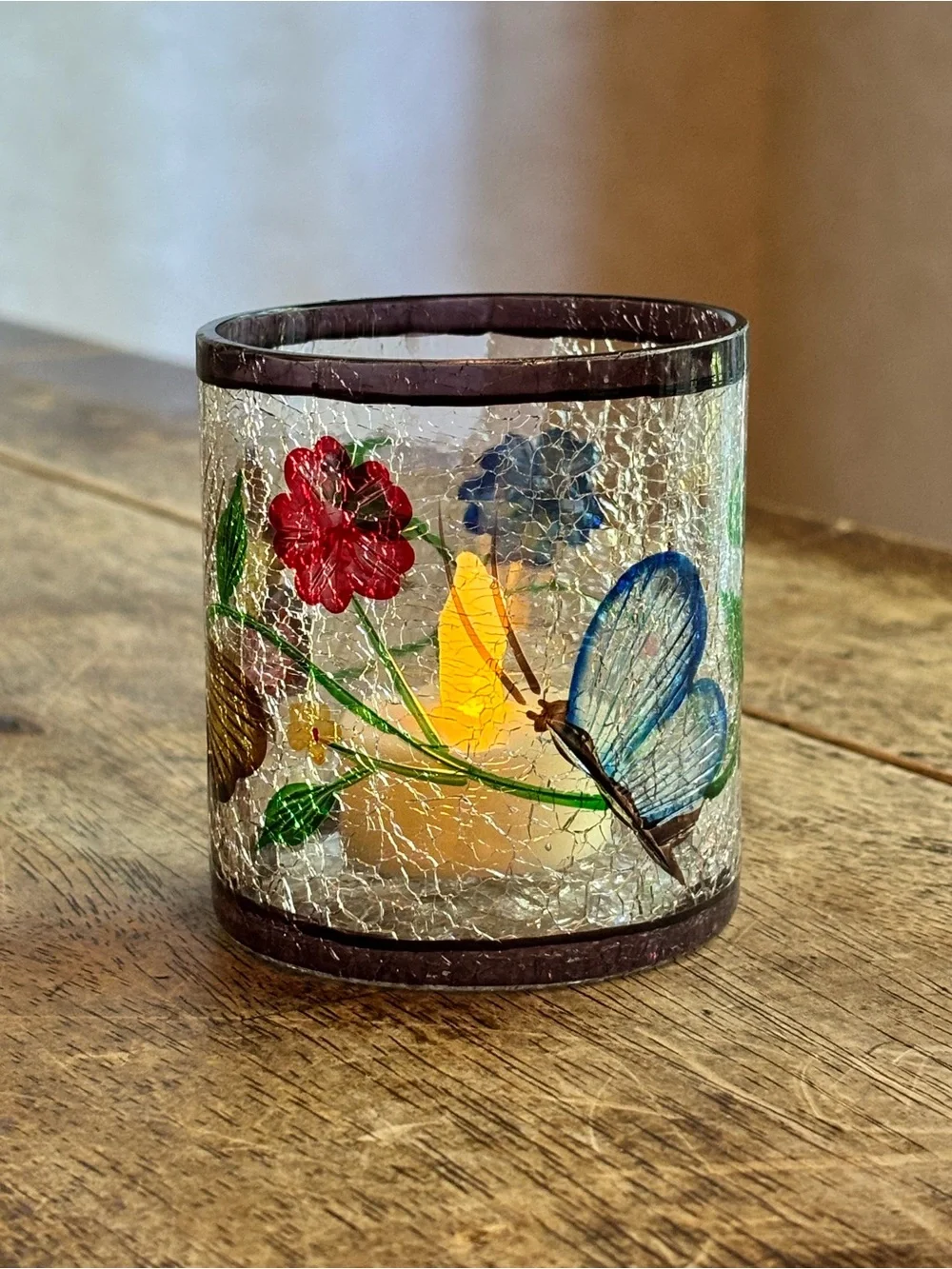 Yankee Candle Crackle Glass Votive Holder Flowers Bee Butterfly Beautiful